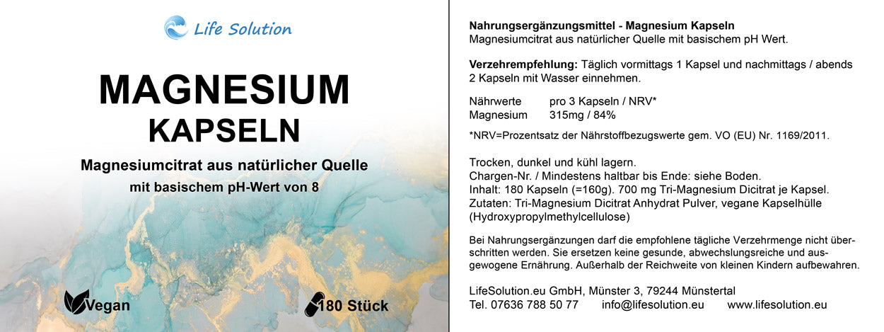 Magnesium Kapseln - 180 Stück - mit basischem, natürlichem Magnesiumcitrat
