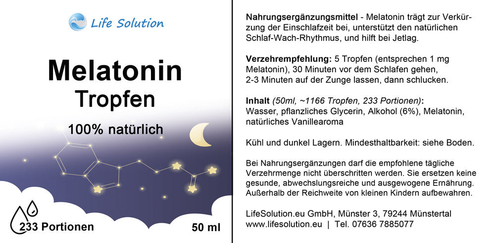 Melatonin Tropfen - Natürliche Schlaftropfen - für 233 Nächte - mit Vanillegeschmack