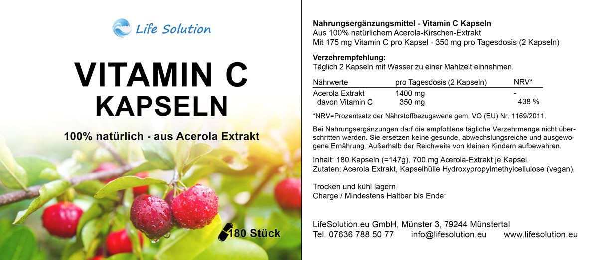 Vitamin C Kapseln - 180 Stück - 100% natürlich - aus Acerola Kirschextrakt