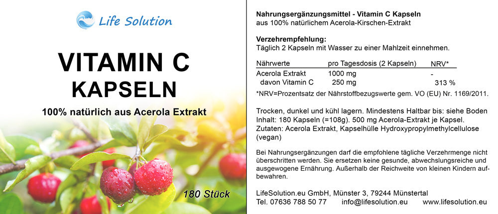 Vitamin C Kapseln - 180 Stück - 100% natürlich - aus Acerola Kirschextrakt
