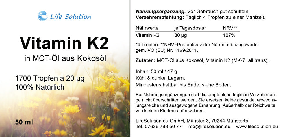 Vitamin K2 Tropfen - 20 µg K2 - je Tropfen - 1700 Tropfen