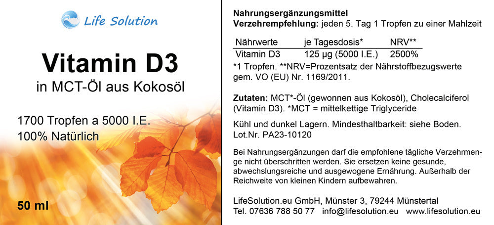 Vitamin D3 Tropfen - 5000 I.E. pro Tropfen - 1700 Tropfen