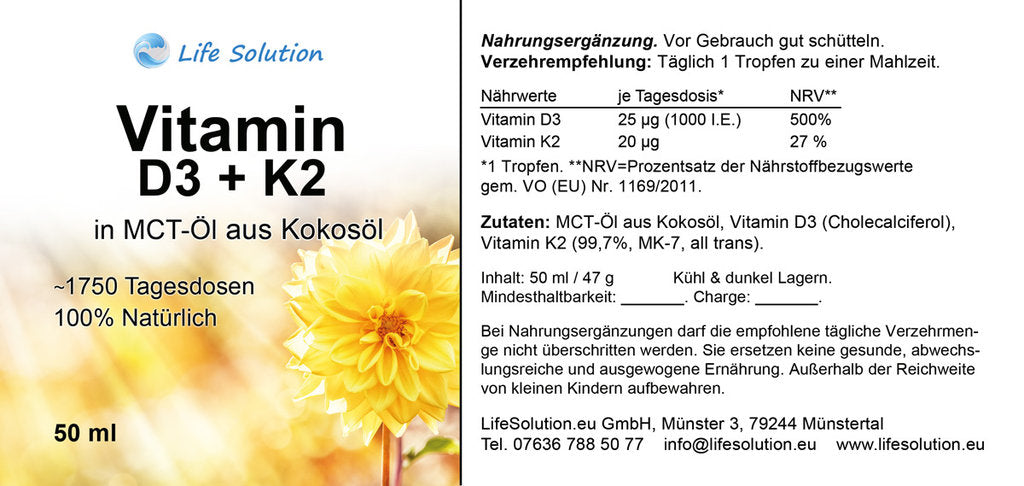 Gouttes de Vitamine D3 + K2 - 1000 UI D3 / 20 µg K2 - par goutte - 1750 gouttes
