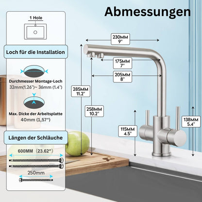 3 Wege Wasserhahn Matt - Niederduck - für Nutzung mit Boilern
