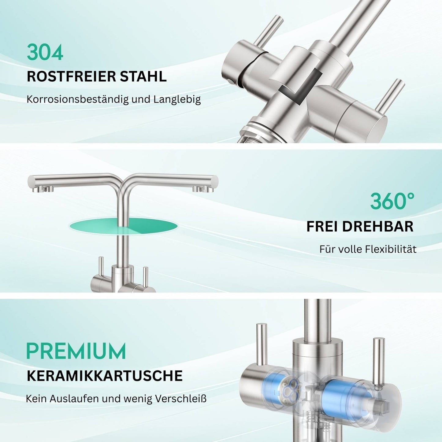 3 Wege Wasserhahn Matt - Niederduck - für Nutzung mit Boilern