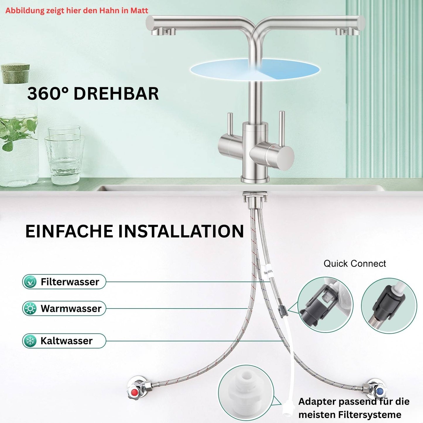 3 Wege Wasserhahn Hochglanz