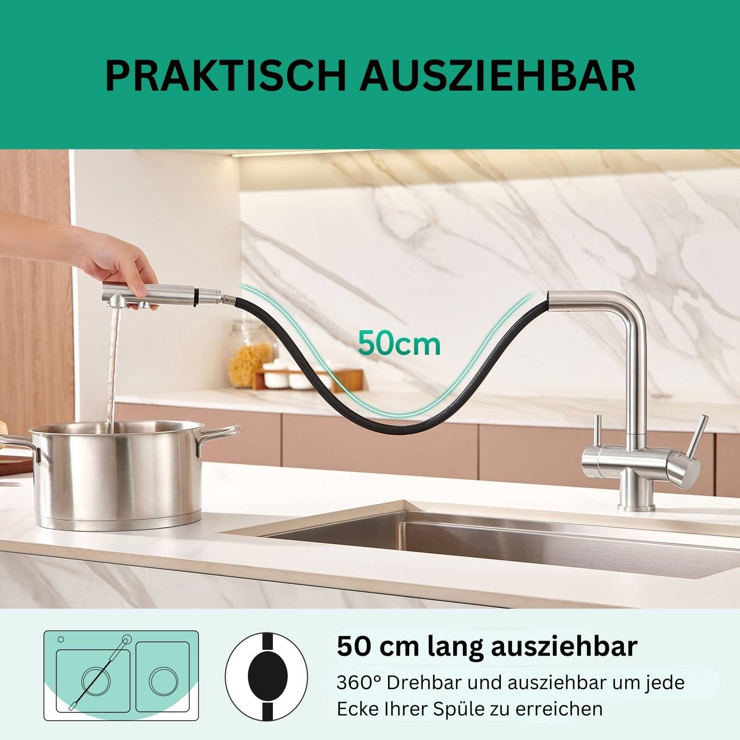 3 Wege Wasserhahn Matt - Ausziehbar