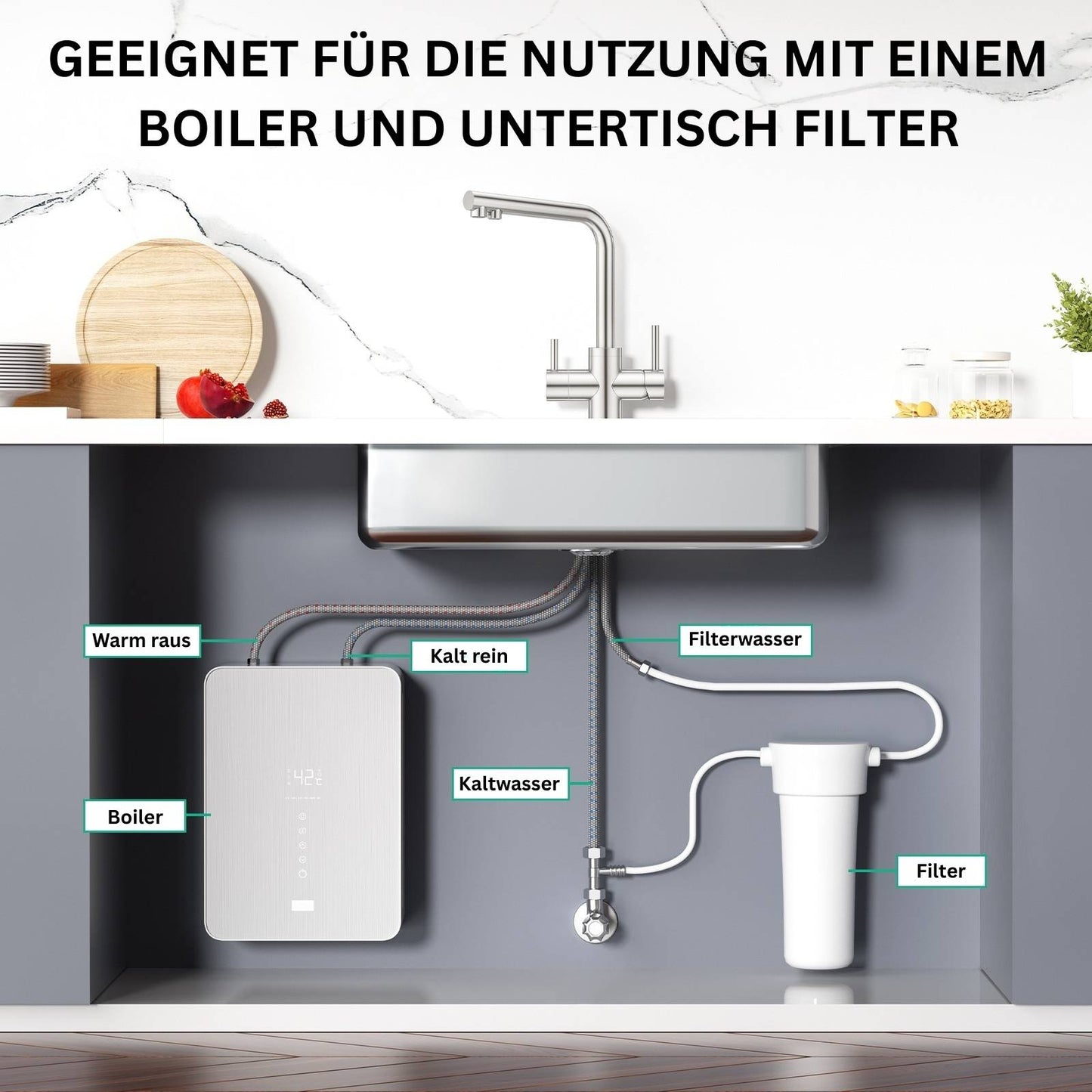 3 Wege Wasserhahn Matt - Niederduck - für Nutzung mit Boilern