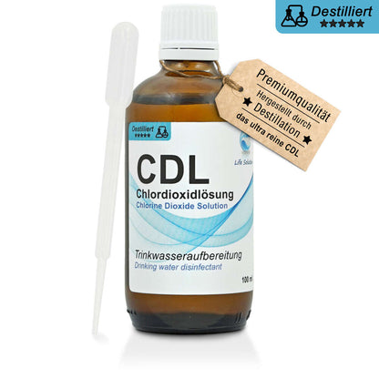 Solution de dioxyde de chlore à 0,3 % (CDL) – distillée et de haute pureté – en flacon de verre ambré avec pipette 