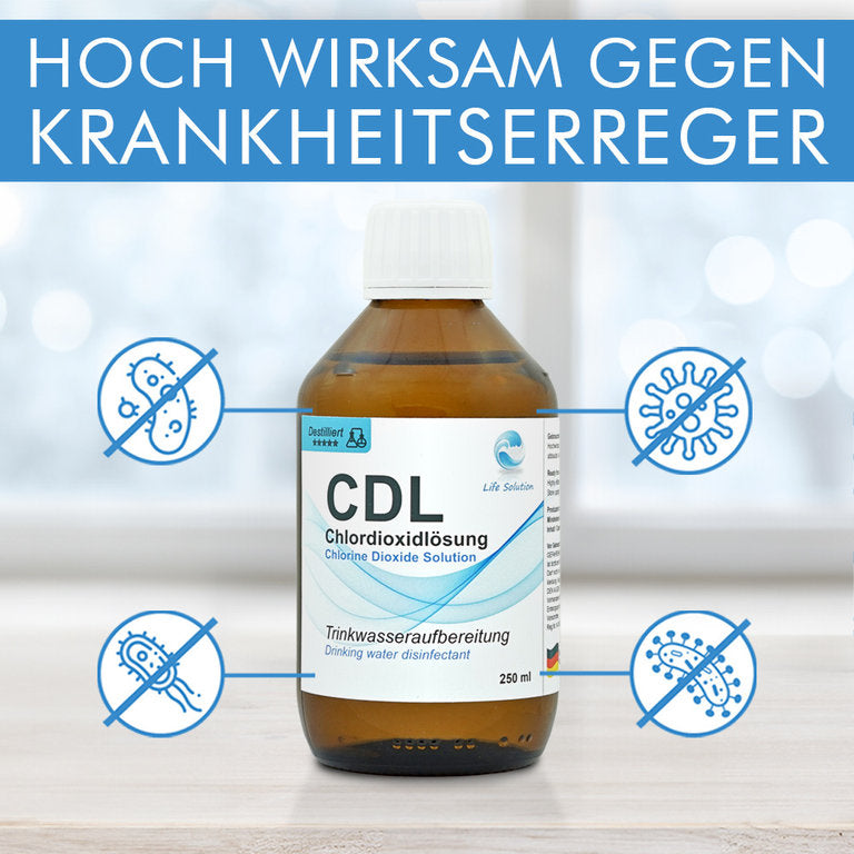 Solution de dioxyde de chlore à 0,3 % (CDL) – distillée et de haute pureté – en flacon de verre ambré avec pipette 