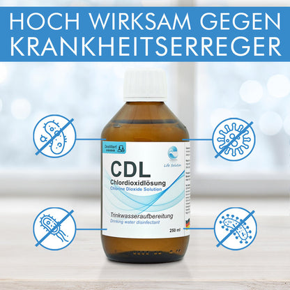 Solution de dioxyde de chlore à 0,3 % (CDL) – distillée et de haute pureté – en flacon de verre ambré avec pipette 