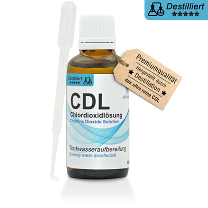 Solution de dioxyde de chlore à 0,3 % (CDL) – distillée et de haute pureté – en flacon de verre ambré avec pipette 