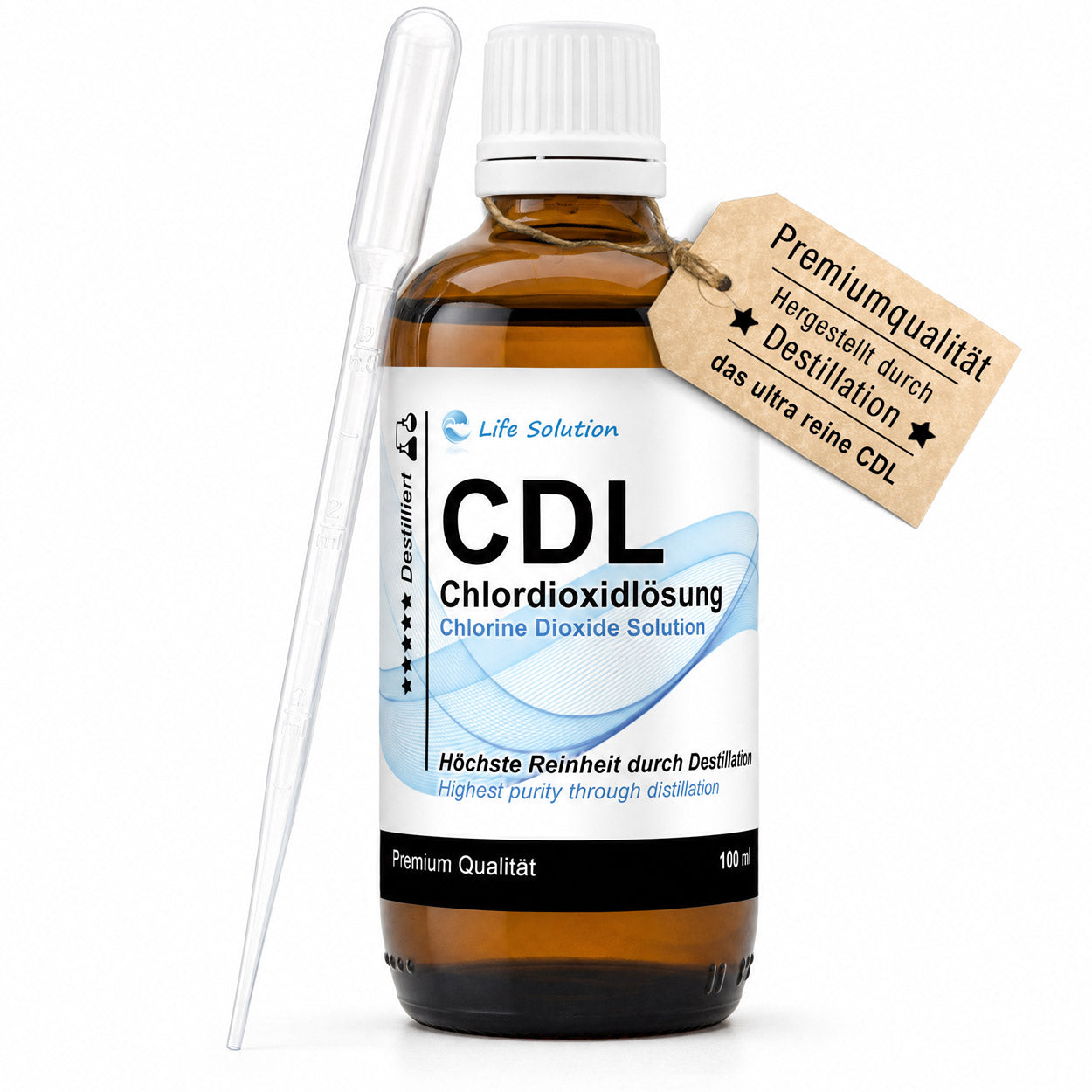 Solution de dioxyde de chlore à 0,3 % (CDL) – distillée et de haute pureté – en flacon de verre ambré avec pipette 