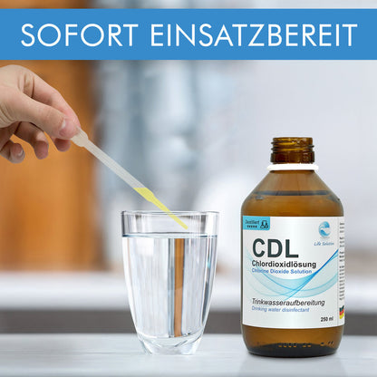 Solution de dioxyde de chlore à 0,3 % (CDL) – distillée et de haute pureté – en flacon de verre ambré avec pipette 