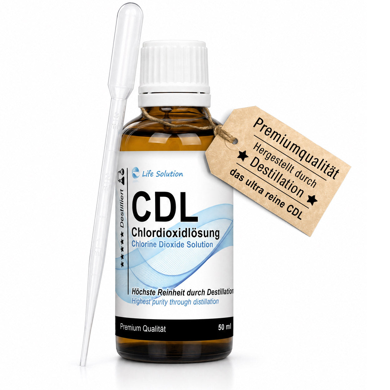Solution de dioxyde de chlore à 0,3 % (CDL) – distillée et de haute pureté – en flacon de verre ambré avec pipette 