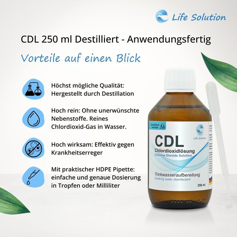 Solution de dioxyde de chlore à 0,3 % (CDL) – distillée et de haute pureté – en flacon de verre ambré avec pipette 