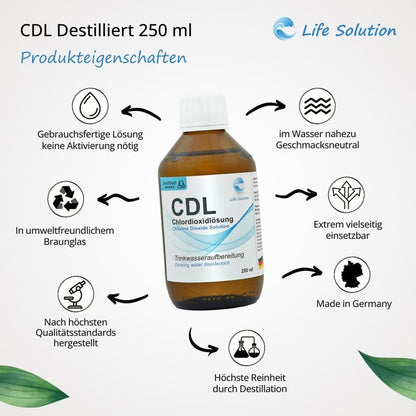 Solution de dioxyde de chlore à 0,3 % (CDL) – distillée et de haute pureté – en flacon de verre ambré avec pipette 