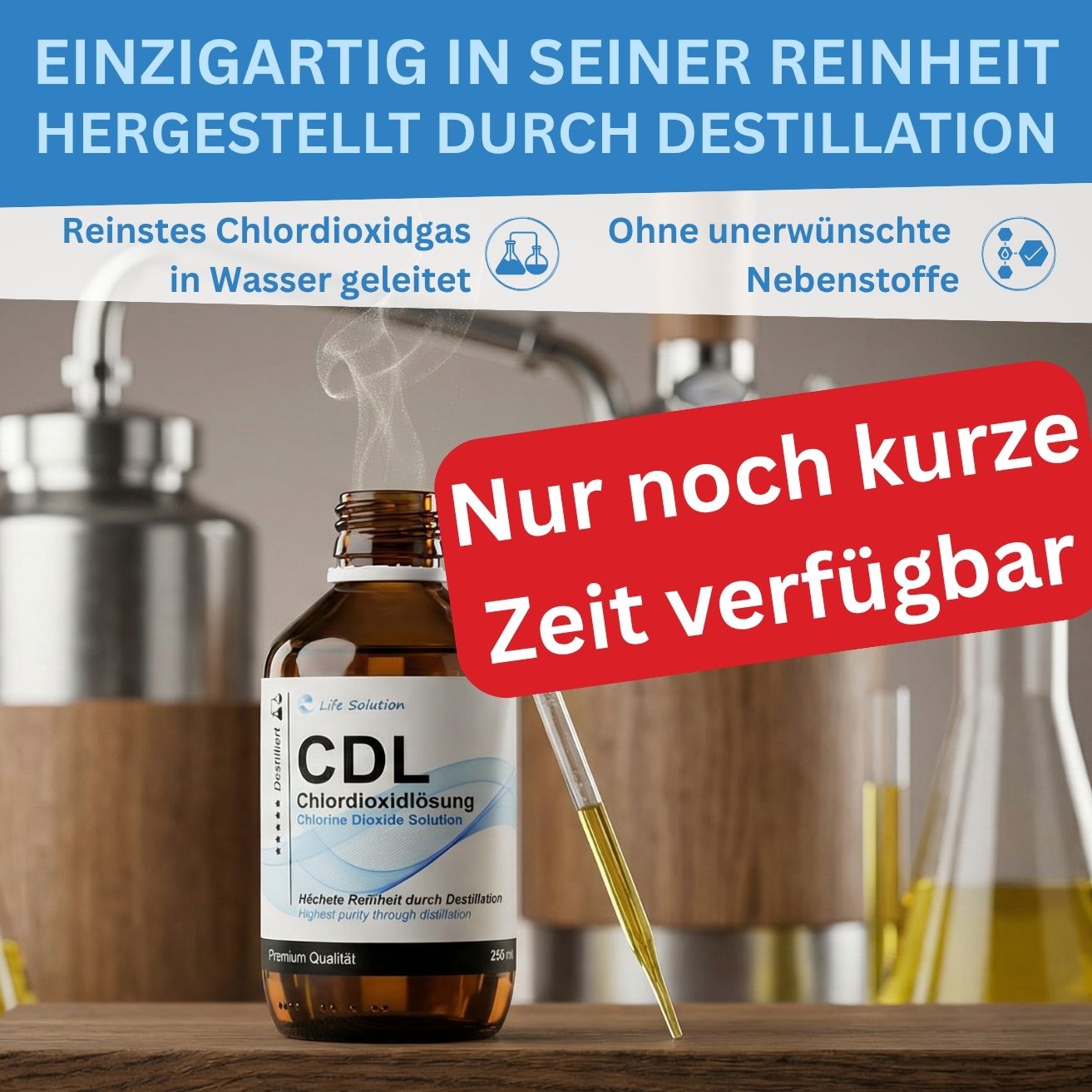 Solution de dioxyde de chlore à 0,3 % (CDL) – distillée et de haute pureté – en flacon de verre ambré avec pipette 