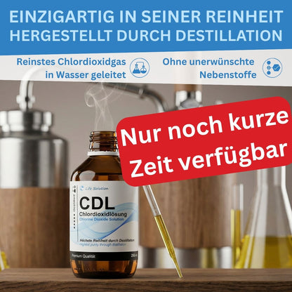 Solution de dioxyde de chlore à 0,3 % (CDL) – distillée et de haute pureté – en flacon de verre ambré avec pipette 