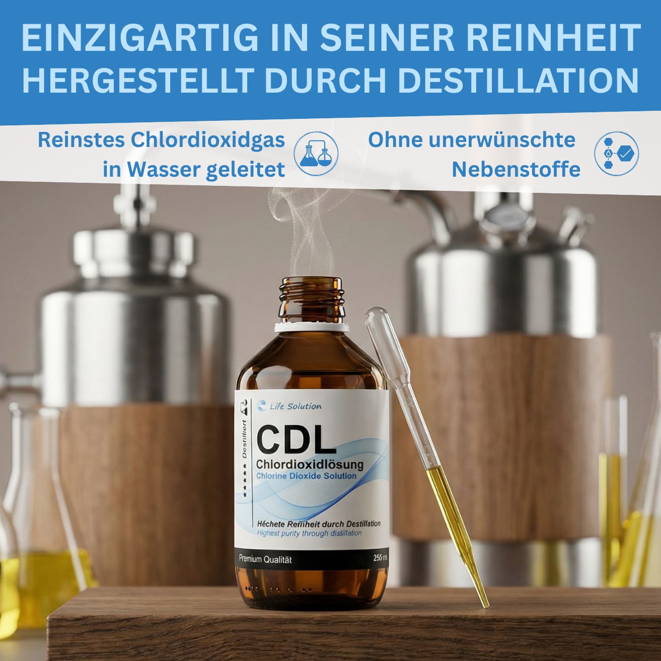 Solution de dioxyde de chlore à 0,3 % (CDL) – distillée et de haute pureté – en flacon de verre ambré avec pipette 