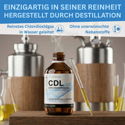 Solution de dioxyde de chlore à 0,3 % (CDL) – distillée et de haute pureté – en flacon de verre ambré avec pipette 
