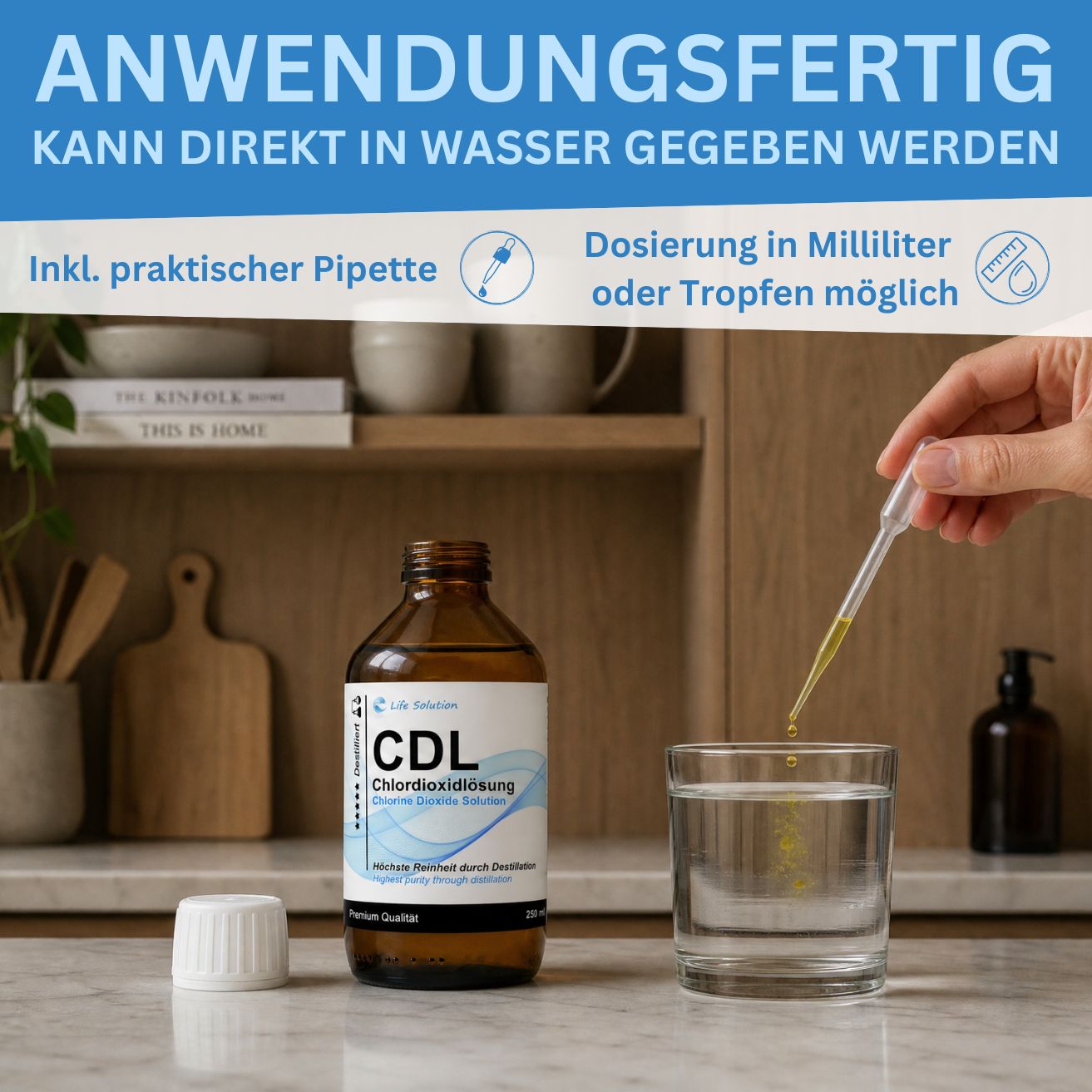 Solution de dioxyde de chlore à 0,3 % (CDL) – distillée et de haute pureté – en flacon de verre ambré avec pipette 