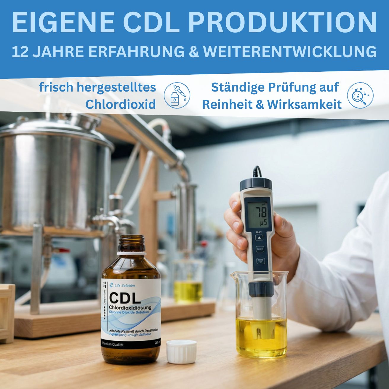 Solution de dioxyde de chlore à 0,3 % (CDL) – distillée et de haute pureté – en flacon de verre ambré avec pipette 