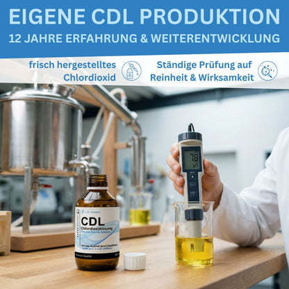 Solution de dioxyde de chlore à 0,3 % (CDL) – distillée et de haute pureté – en flacon de verre ambré avec pipette 