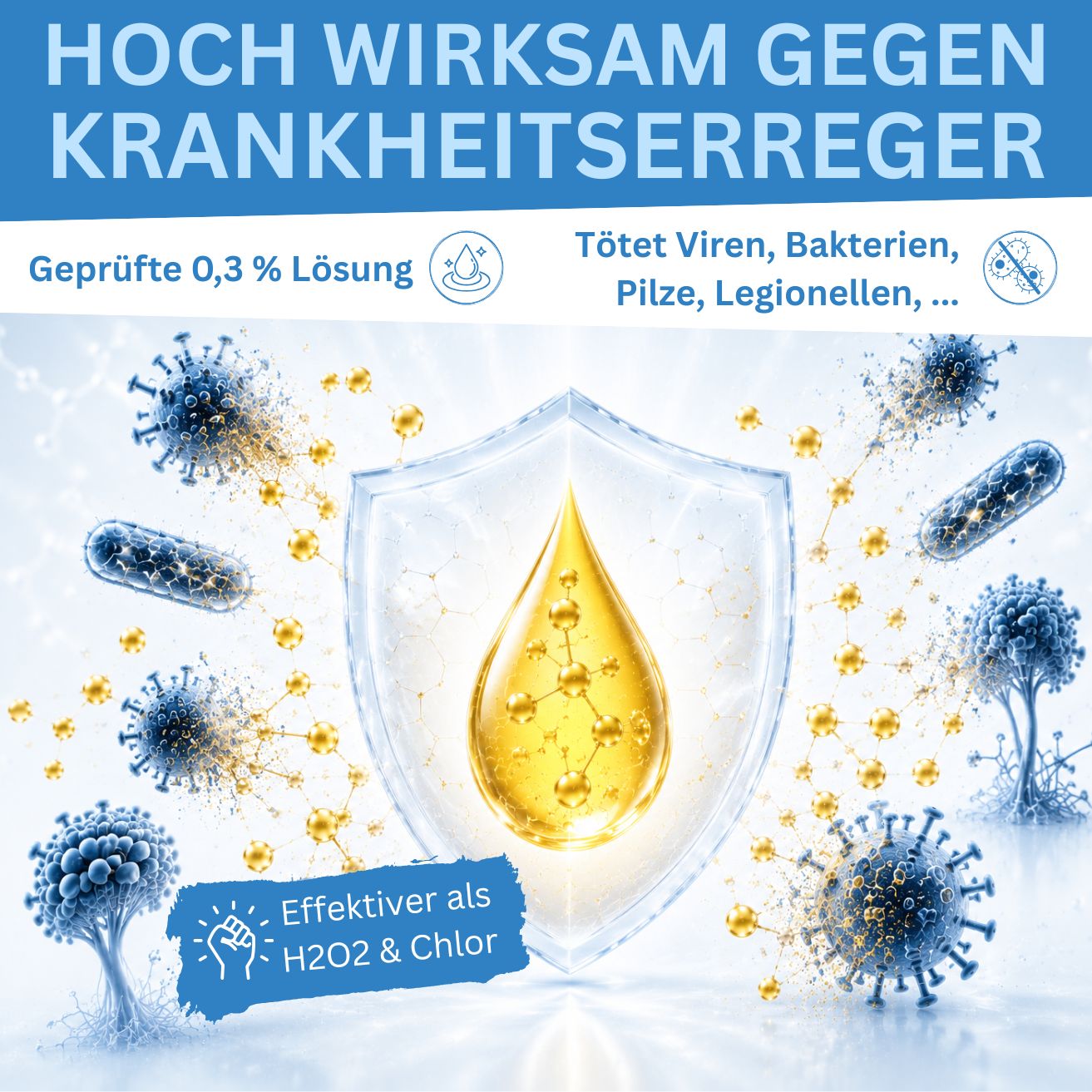 Solution de dioxyde de chlore à 0,3 % (CDL) – distillée et de haute pureté – en flacon de verre ambré avec pipette 