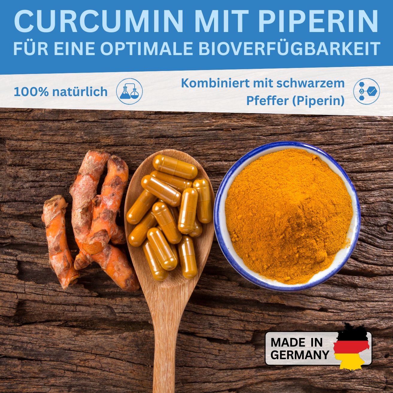 Curcumin Kapseln (Kurkuma) - 120 Stück je 225mg Curcumin - mit Piperin / Pfeffer