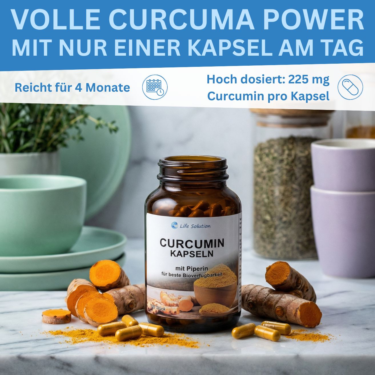 Curcumin Kapseln (Kurkuma) - 120 Stück je 225mg Curcumin - mit Piperin / Pfeffer