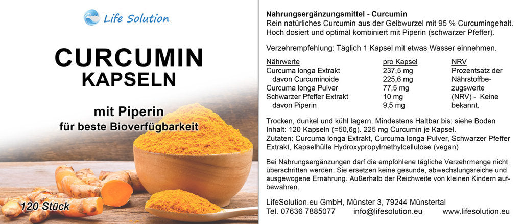 Curcumin Kapseln (Kurkuma) - 120 Stück je 225mg Curcumin - mit Piperin / Pfeffer