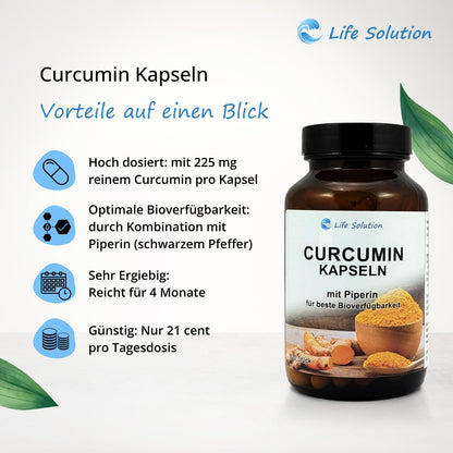 Curcumin Kapseln (Kurkuma) - 120 Stück je 225mg Curcumin - mit Piperin / Pfeffer