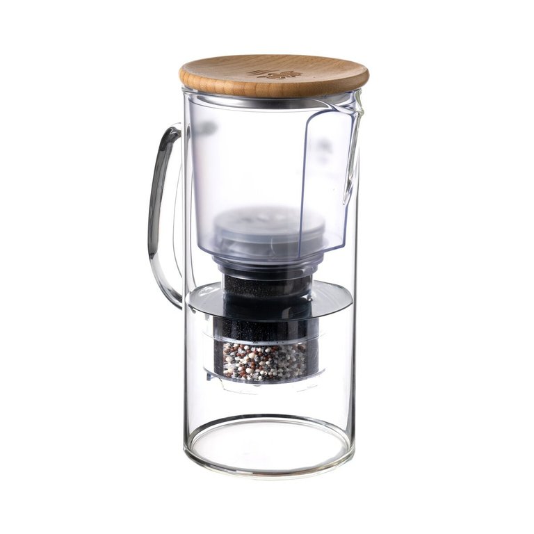 Lotus Vita - Glas Filterkanne - 1,4 Liter - Filterkaraffe mit Bambusdeckel - Natura Plus Filter