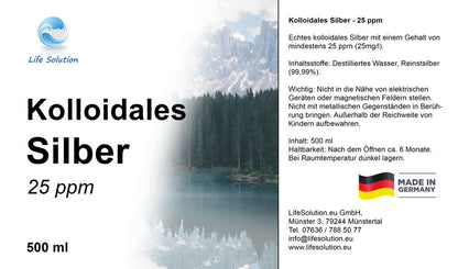 Kolloidales Silber - 25 ppm - 500 ml - aus 99,99% Reinstsilber