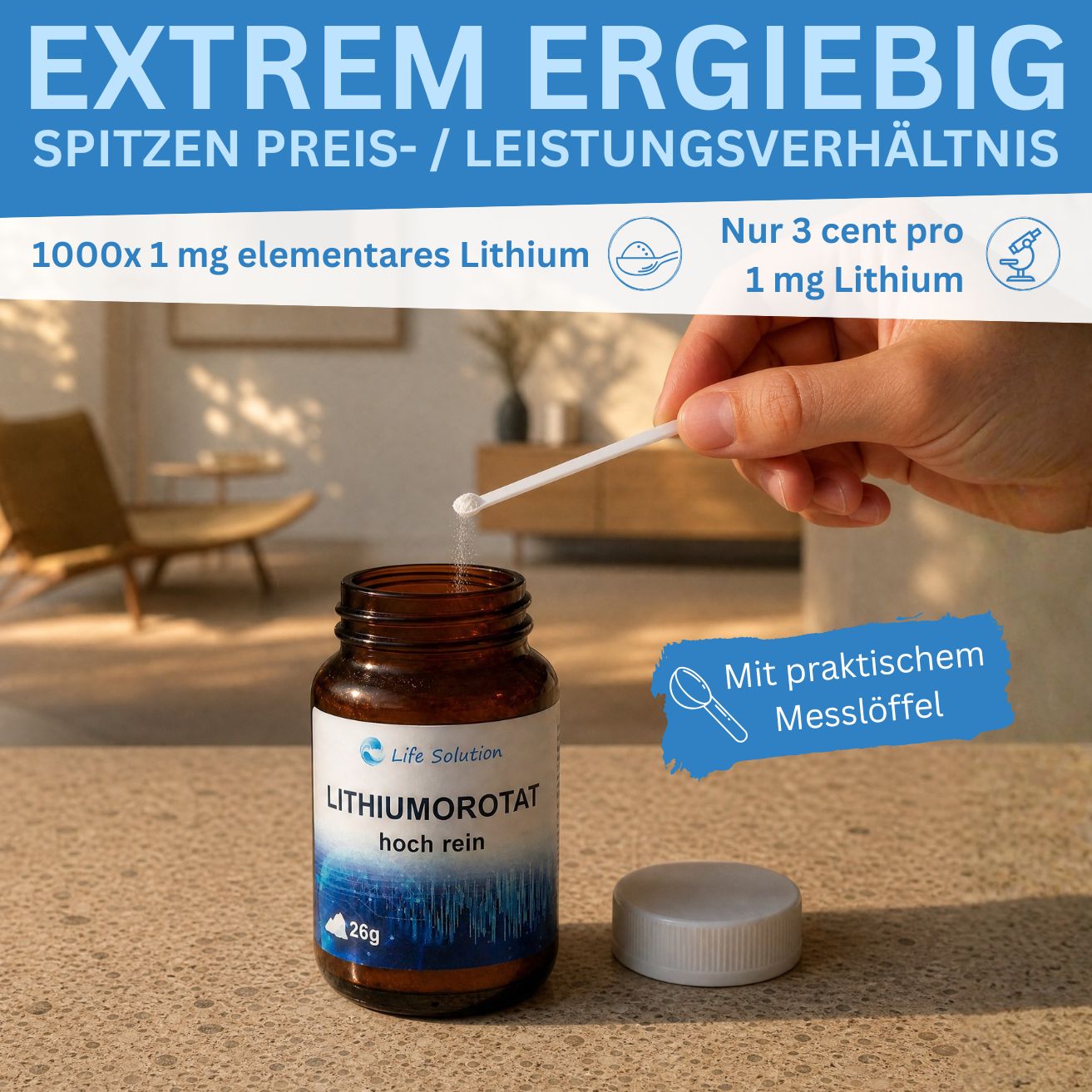 Orotate de lithium - pureté 99,7 % - 1000 comprimés de 1 mg de lithium - 26 g