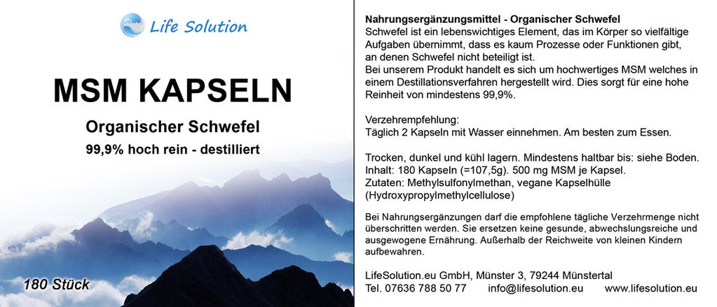 MSM Kapseln 180 Stück - mehrfach destilliert - Hoch rein - organischer Schwefel
