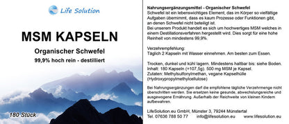 MSM Kapseln 180 Stück - mehrfach destilliert - Hoch rein - organischer Schwefel