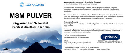 MSM Pulver 400g - mehrfach destilliert - Hoch rein - organischer Schwefel