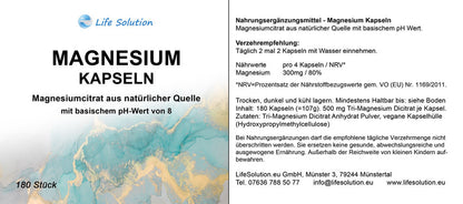 Magnesium Kapseln - 180 Stück - mit basischem, natürlichem Magnesiumcitrat