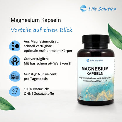 Magnesium Kapseln - 180 Stück - mit basischem, natürlichem Magnesiumcitrat