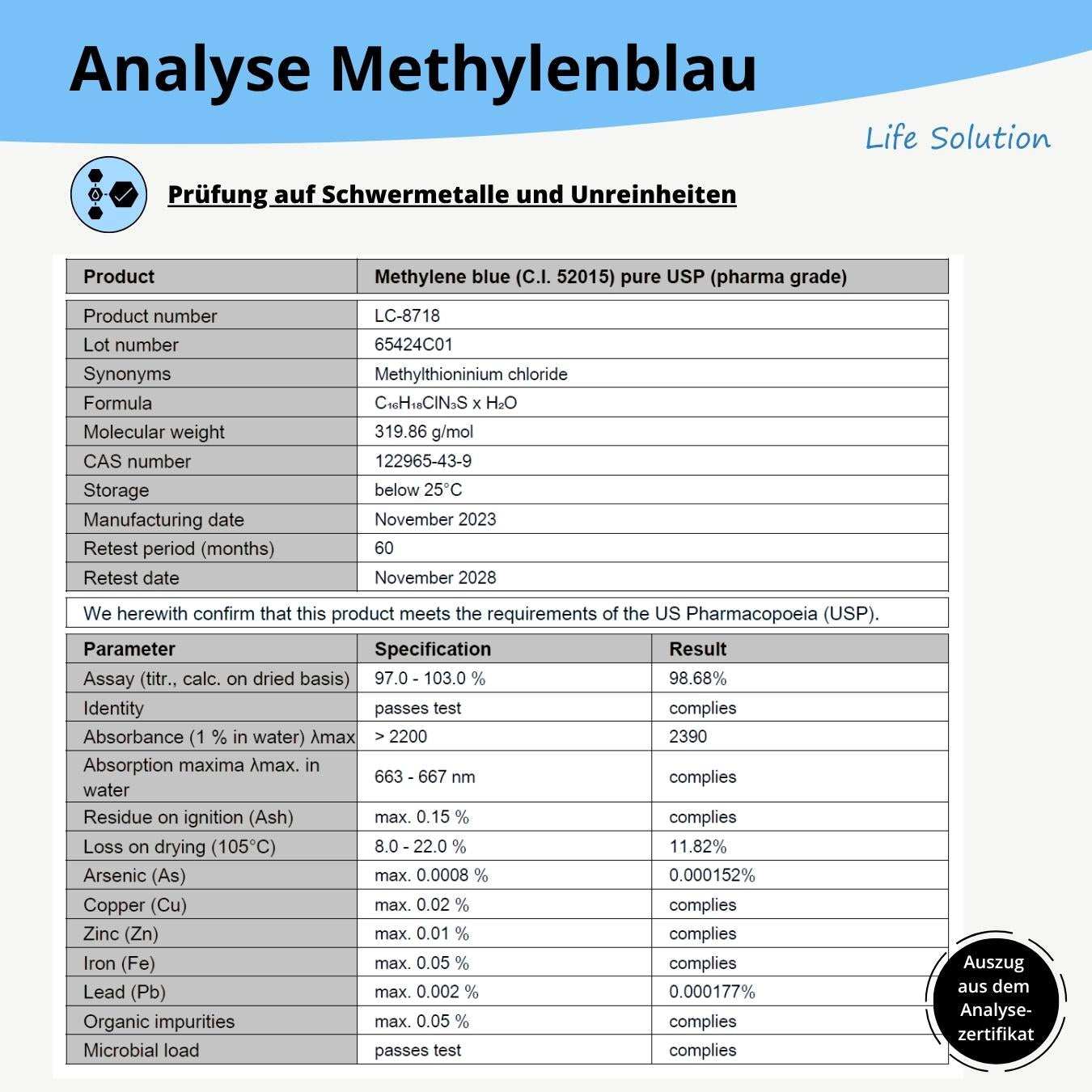 Methylenblau 1% Lösung - Pharmaqualität - 100 ml – 99,8% hoch rein - lichtgeschützt in Braunglas