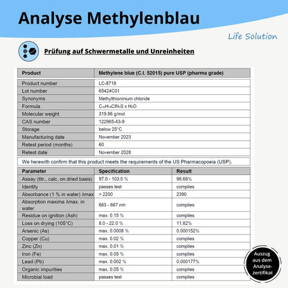 Methylenblau 1% Lösung - Pharmaqualität - 100 ml – 99,8% hoch rein - lichtgeschützt in Braunglas
