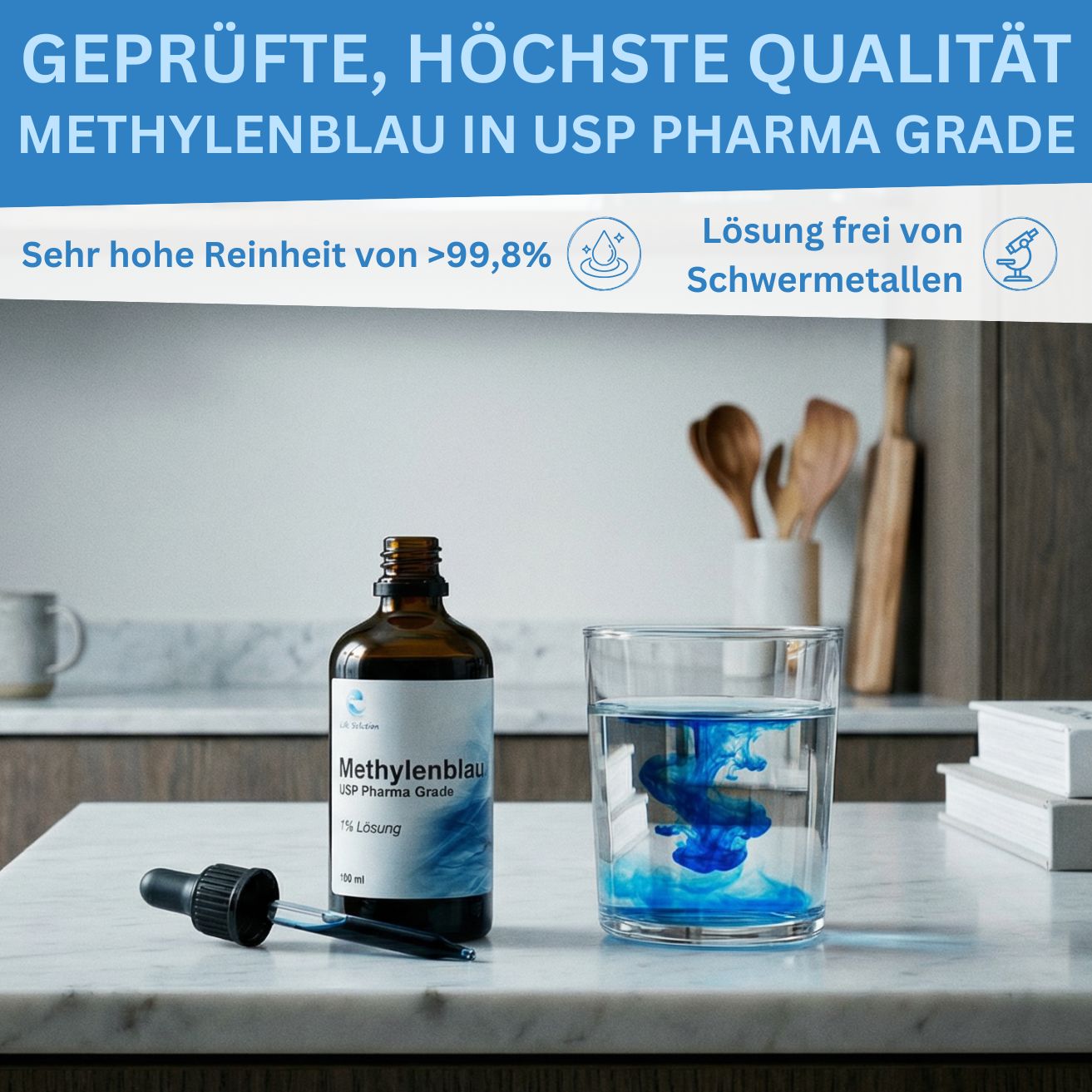 Methylene Blue 1% Solution - Pharmaceutical Grade - 100 ml - 99.8% High Purity - Light-Protected in Amber Glass
