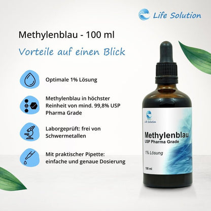 Solution de bleu de méthylène à 1 % - Qualité pharmaceutique - 100 ml - Pureté élevée (99,8 %) - Flacon en verre ambré à l'abri de la lumière