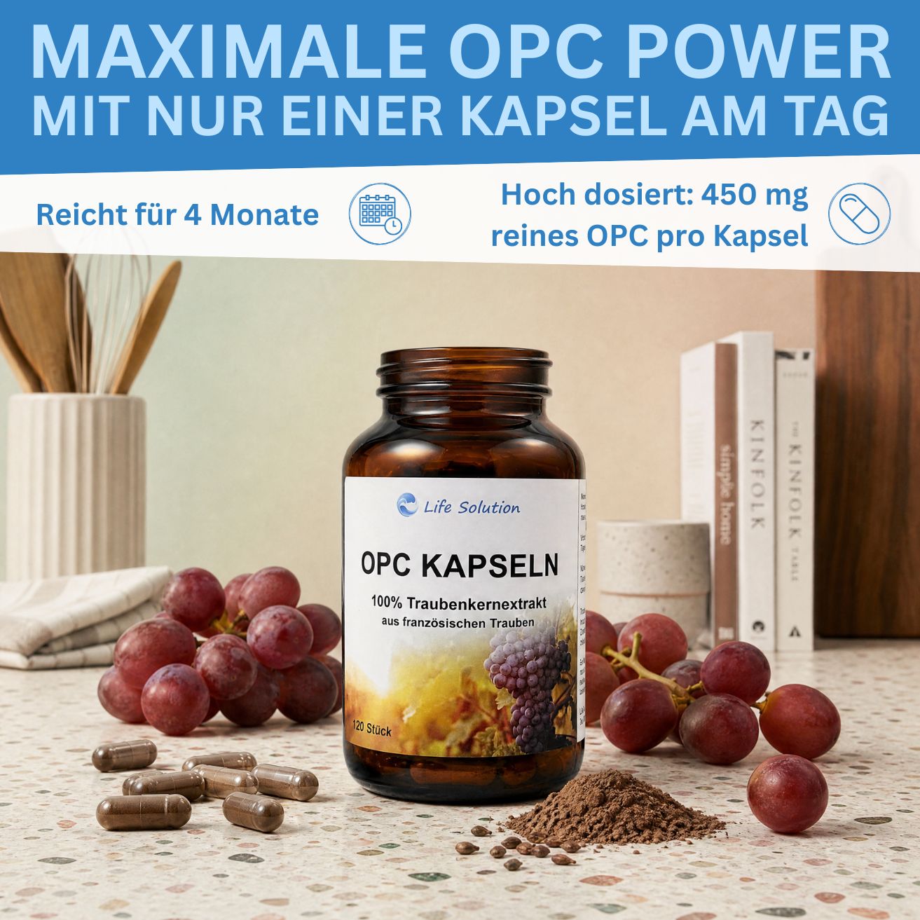 Gélules OPC - 120 unités de 450mg d'OPC chacune - Extrait de pépins de raisin 100% naturel