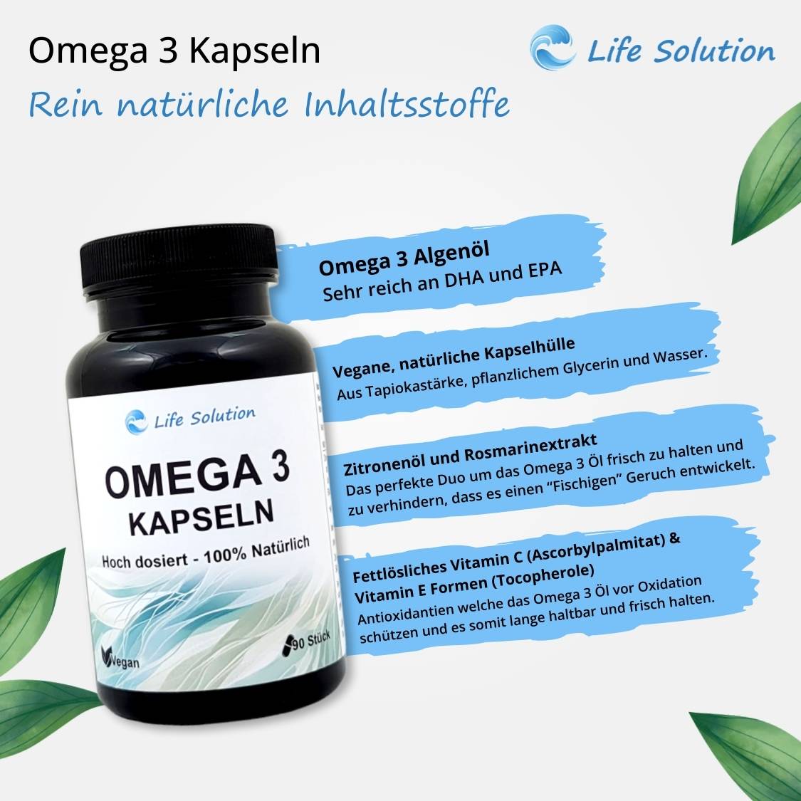 Omega 3 capsules - 90 capsules - from algae oil - high dosage - vegan