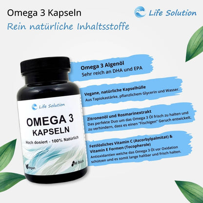 Omega 3 capsules - 90 capsules - from algae oil - high dosage - vegan