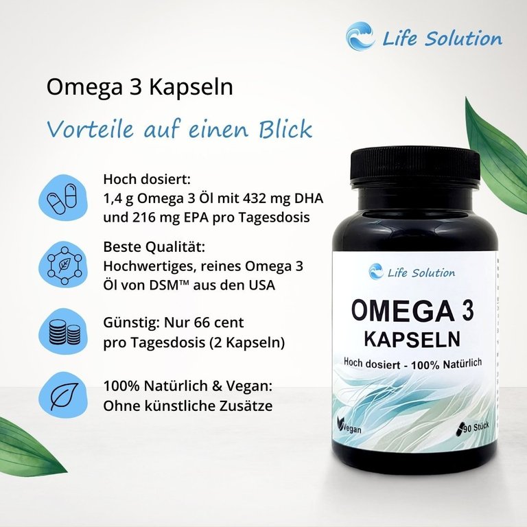 Omega 3 Kapseln - 90 Stück - aus Algenöl - hoch dosiert - Vegan