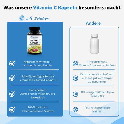 Vitamin C Kapseln - 180 Stück - 100% natürlich - aus Acerola Kirschextrakt